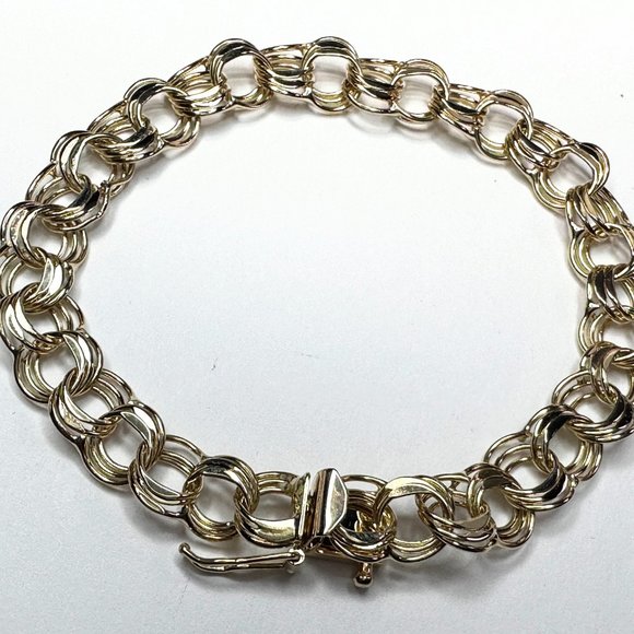 14K yellow gold patent Triple Link charm bracelet starter 7 1/4" x 8.7mm 10.6gm - Picture 3 of 8